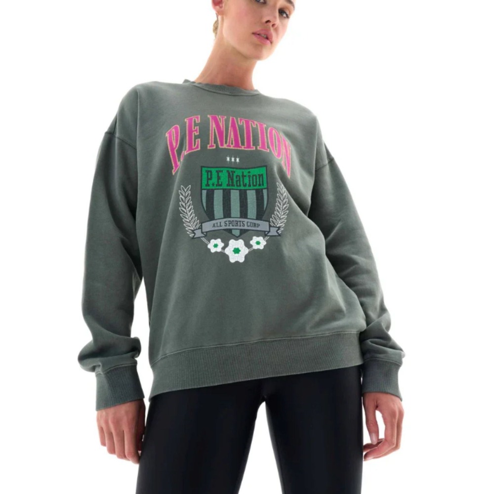 P.E Nation Sweatshirt Womens S Green Graphic All Sports Corp Pullover Crewneck